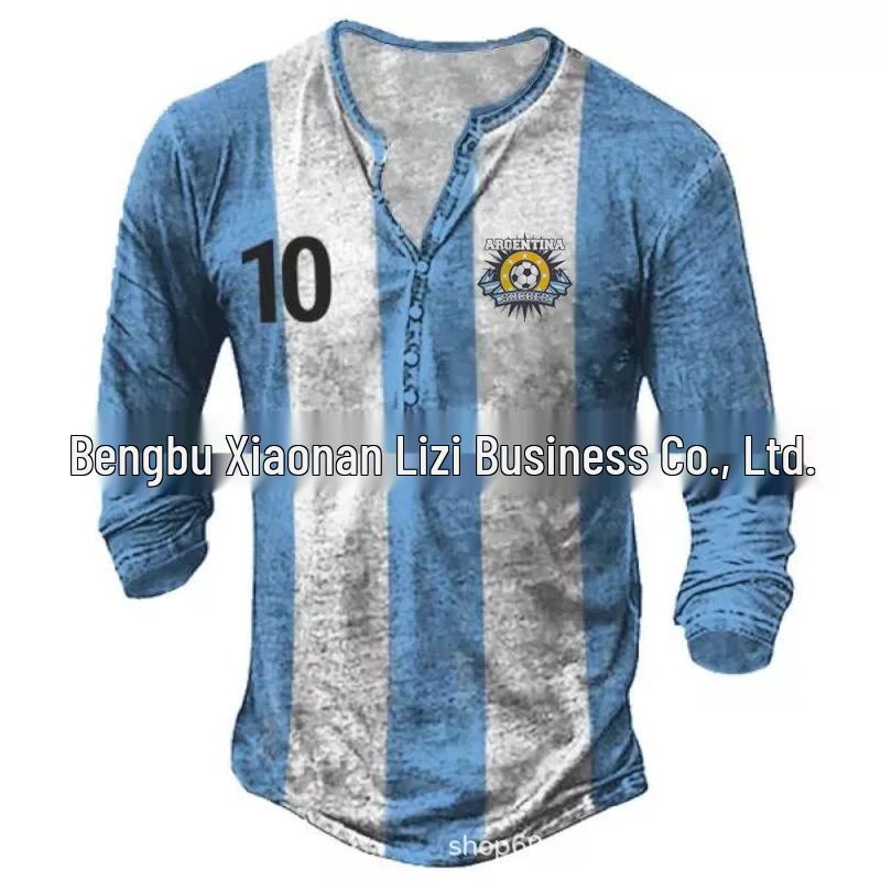 Evropské a americké slim fit plus size tičko bez límečku s potiskem, ležérní s dlouhým rukávem