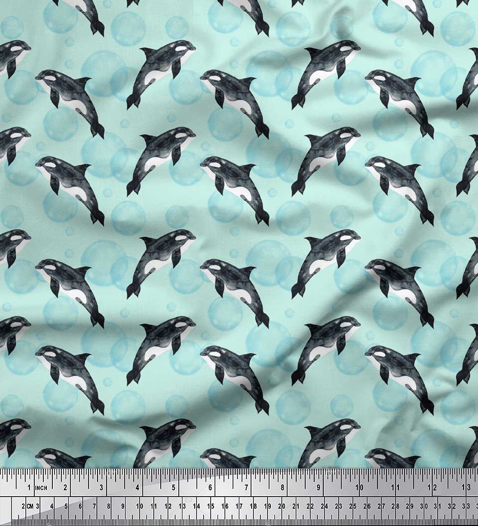 

Beige Poly Crepe Fabric Dolphin & Bubbles Ocean Print Тканина на метр 42 дюйма 42 Inch Wide - Poly Crepe зелений
