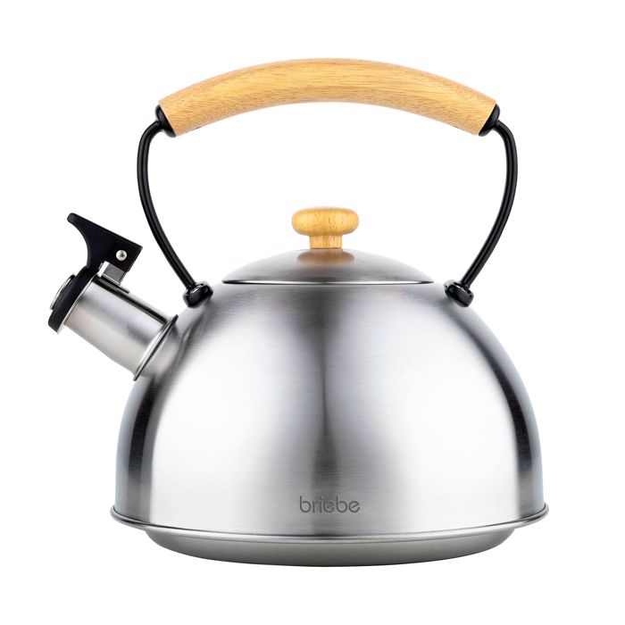 Bouilloire à Induction Théière Sifflet 2,3L Acier Inox. Retro, Poignée en Bois Briebe Wooden Inox