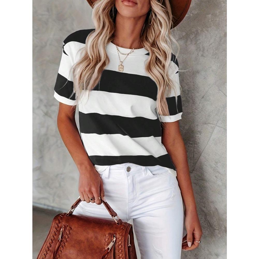 Striped Printed T-Shirt Round Neck Women'S Loose Commuting Style Short Sleeved Fashionable Daily Casual Versatile Top Tee