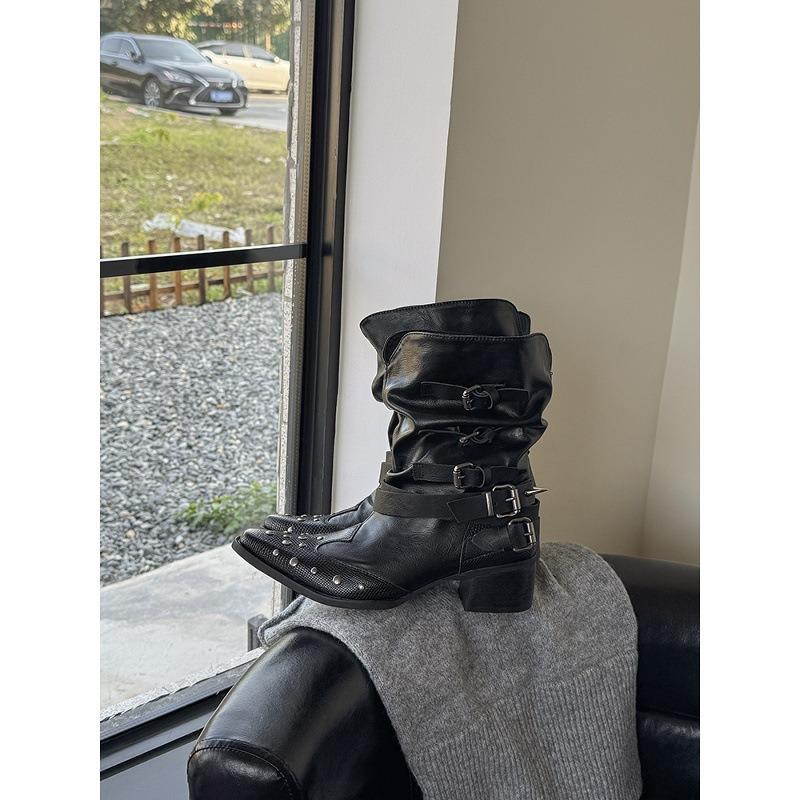Cowhide Version~ Niche Spice Girl Leather Rivet Short Tube Western Cowboy Boots Women's Thick Heel Locomotive Martin Boots Leather Boots