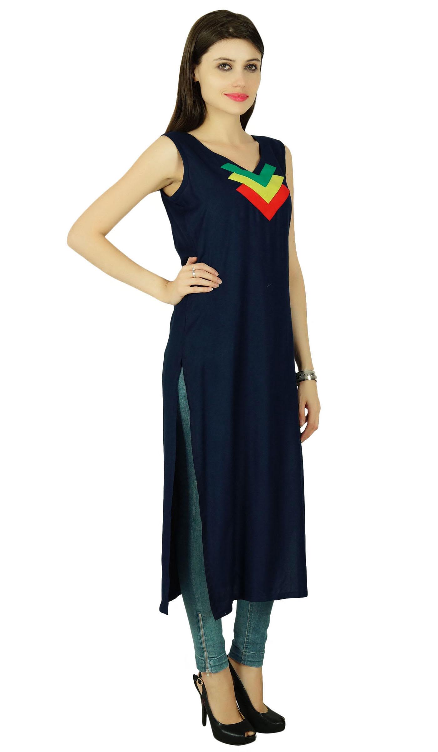 

Bollywood Women Ethnic Kurti Solid Rayon Dress Sleeveless Tunic Kurta Top 8 темно-синього кольору