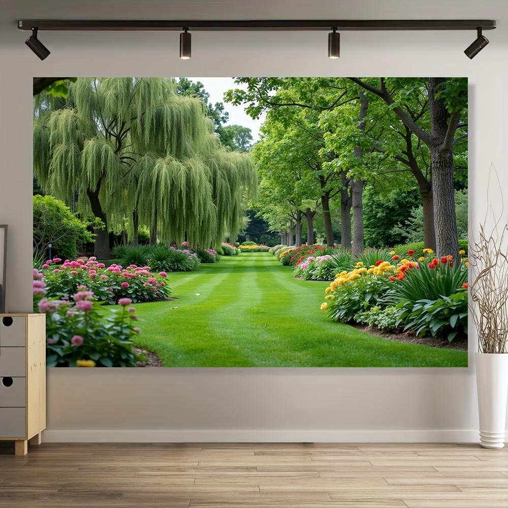 A large-scale garden flower mural covering one square meter - a beautiful background with green trees