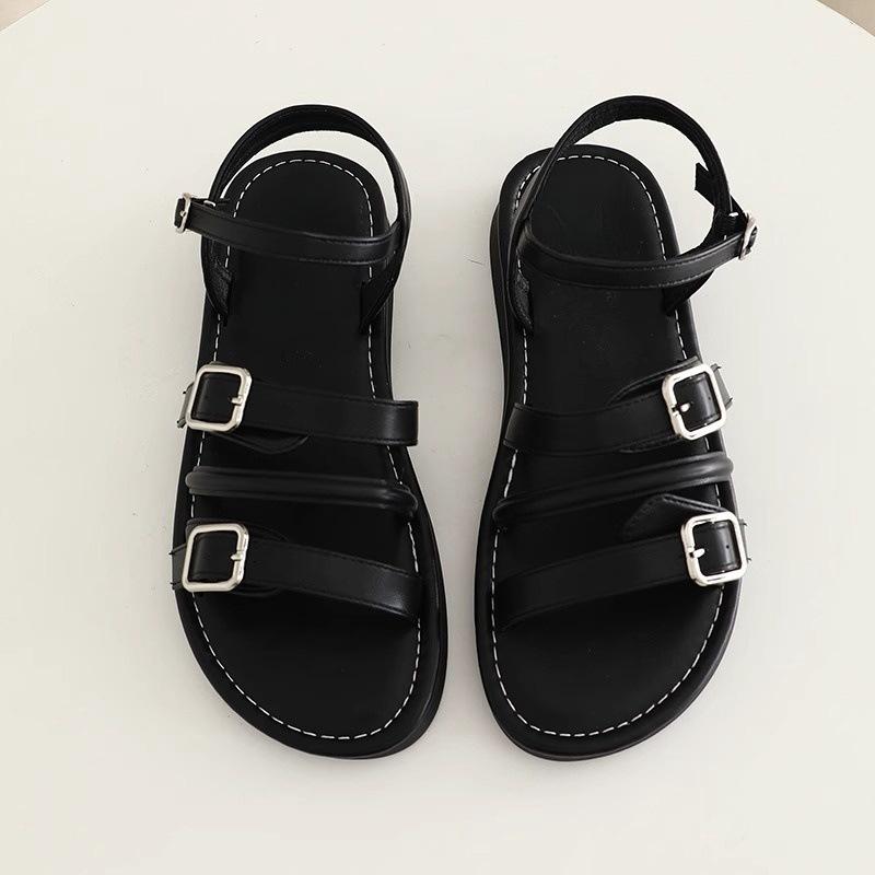 Soft leather flat bottom one-word belt buckle outer wear sandals women's 2025 summer retro casual Roman beach shoes platform