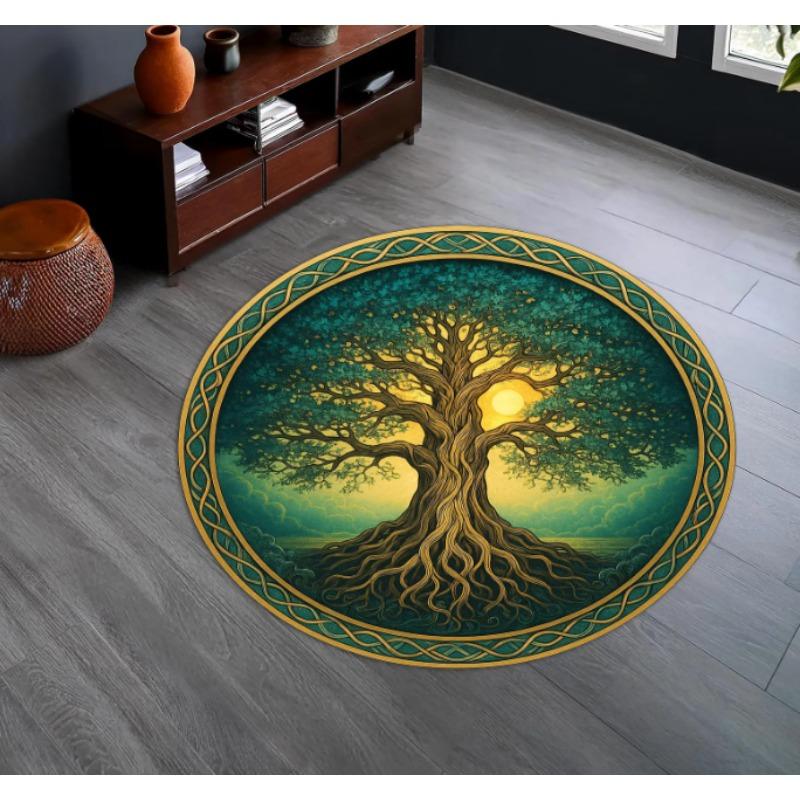 Round Tree of Life Rug Golden Moon Celtic Root Rug Mystical Nature-Inspired Circular Rug for Boho Wicca or Earthy Home Decor