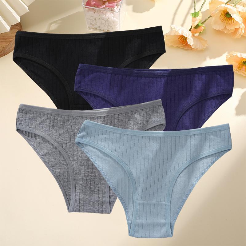 4PCS/SET Women's Cotton Panties Sexy Soft Striped Underpants Solid Color Briefs Female Comfortable Stretch Lingerie M-XL