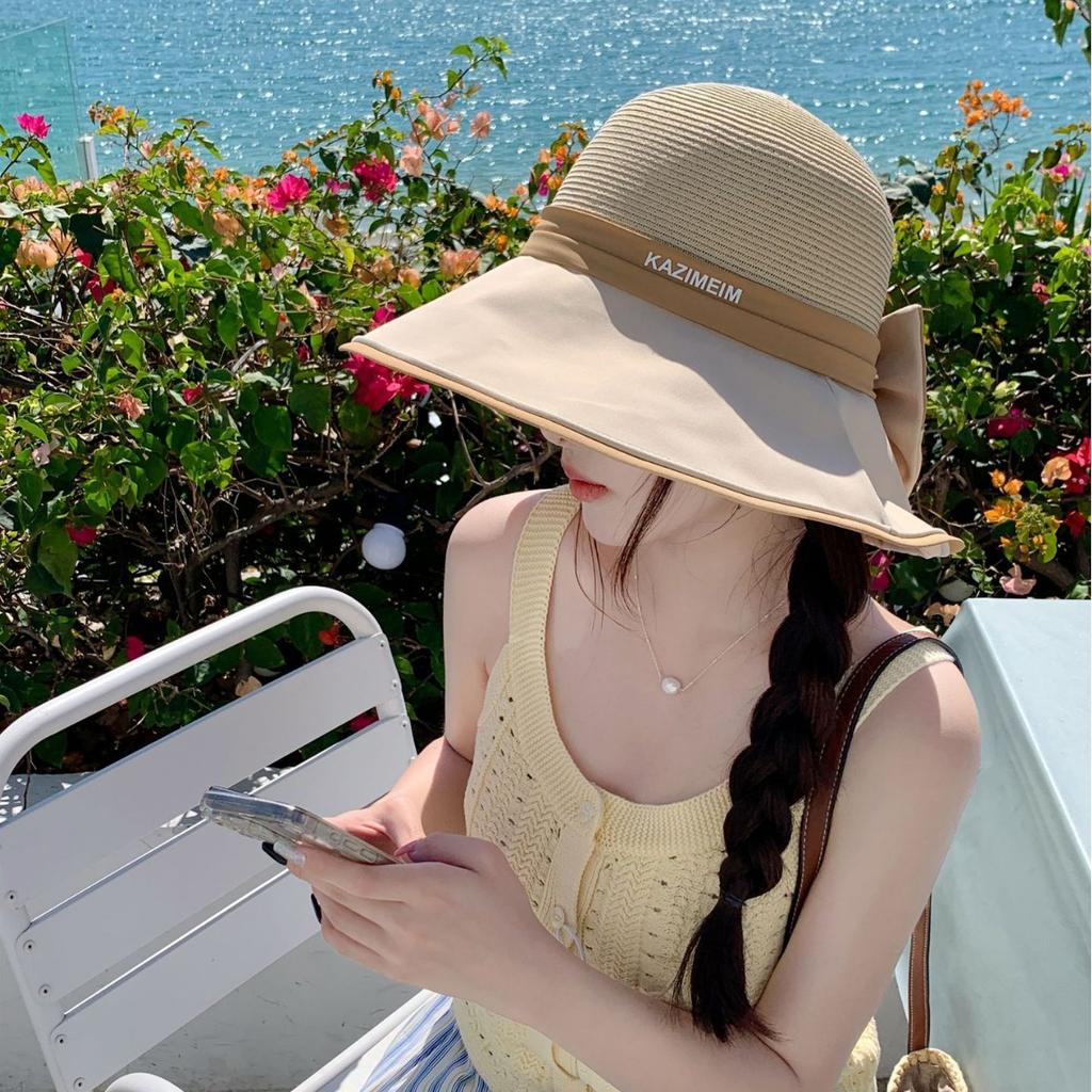 Summer outdoor travel sunscreen bucket hat new fashion splicing visor bow student big eaves hat