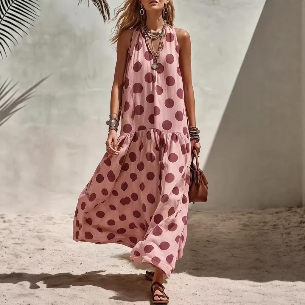 Women Yellow Polka Dot Print Halter Neck Maxi Dress Casual Summer Beach Vacation Dress