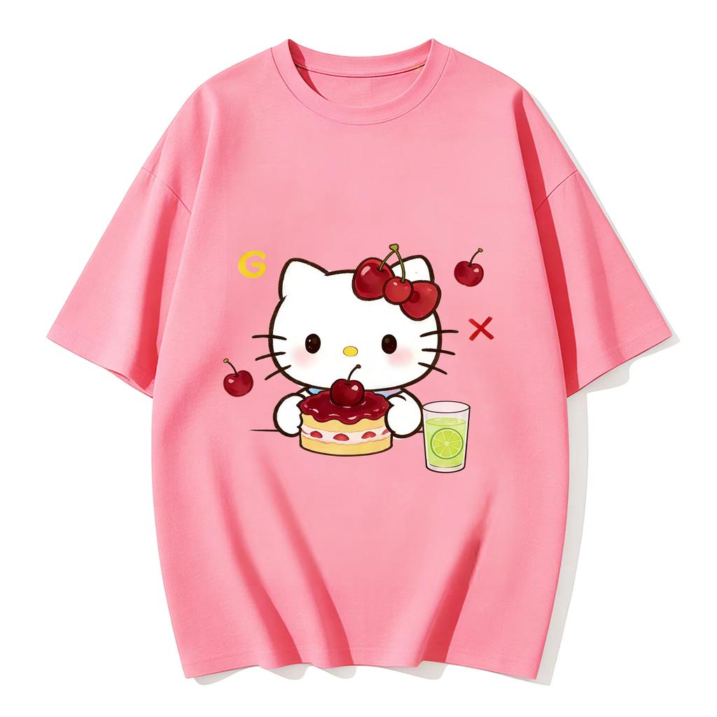 Summer Hello Kitty Cartoon Printed Short Sleeve Pure Cotton Tshirt Womens Family Matching Outfits Classic Fashion Tee Top