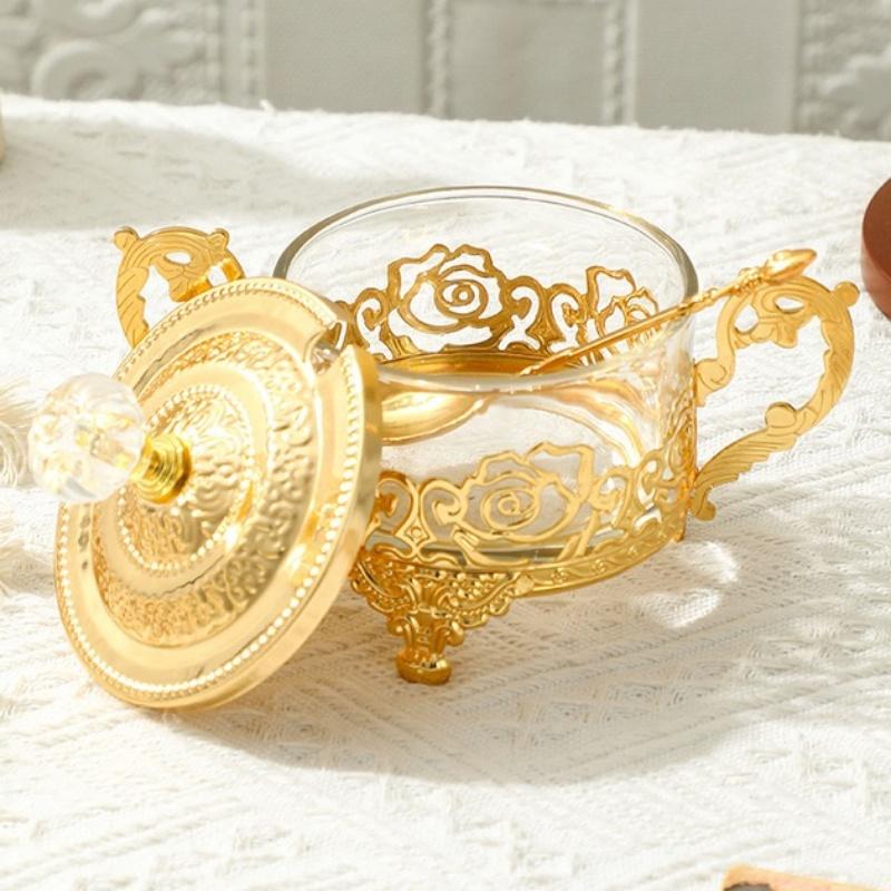 Golden Iron European Style Spice Jar,Home Kitchen Supplies Glass Sugar Bowl,Storage Sealed Jar Cream Organizer,Kitchen Tools