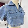 2-delt denimantrekk for kvinner Kortermet jakkeslag V-hals cropped topp og høyt liv jeansskjørt shorts sett sommer streetweardress