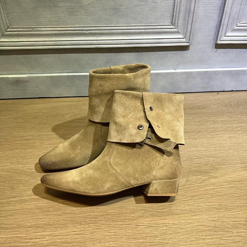 Sheepskin version~ Retro belt buckle small square head folded two wear medium boots western cowboy boots women's thick heel knight boots