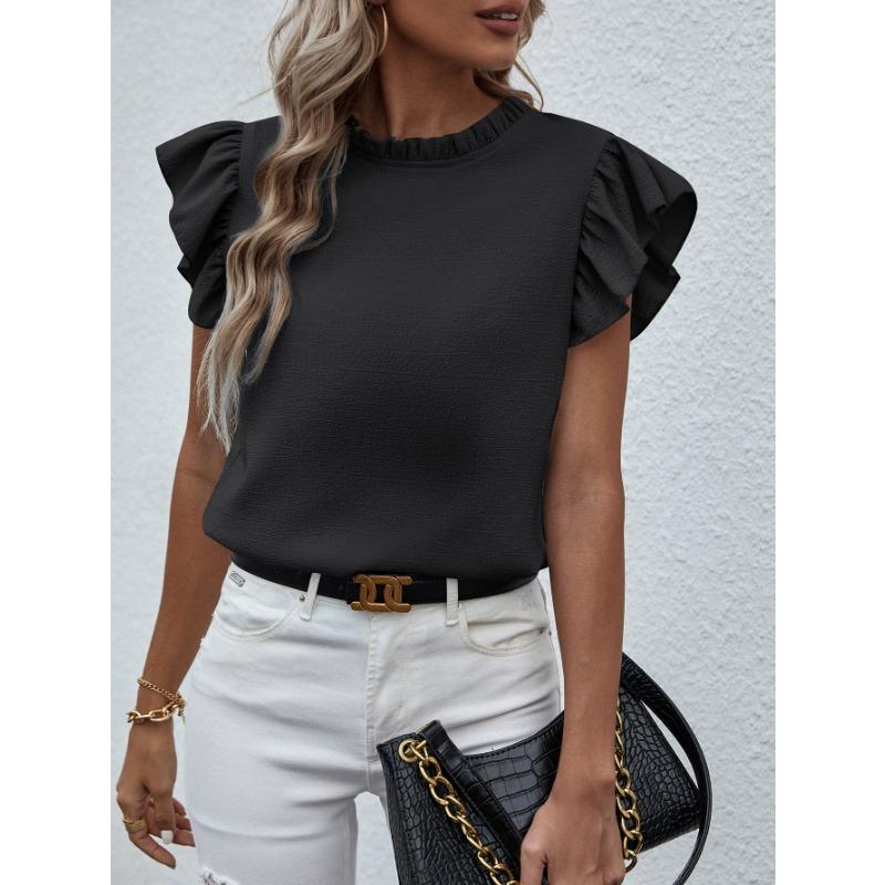 Women Short Sleeve Ruffled Round Neck Blouse S