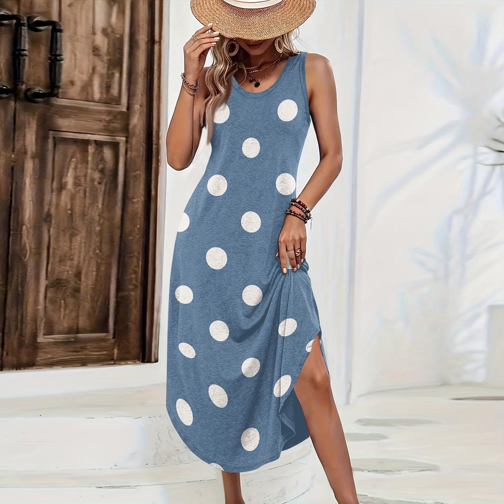 Maxi Abito Casual da Donna a Pois Senza Maniche con Vestibilità Larga per l'Estate