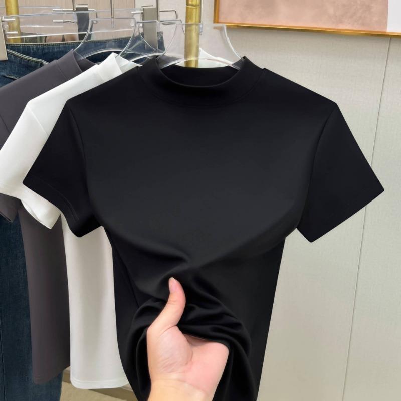 Fashion Round Neck Short Sleeve Casual T-shirt for Women Summer Slim Fit Base White T Shirt Women Plus Size Solid Office Lady Simple Tee Tops 24488