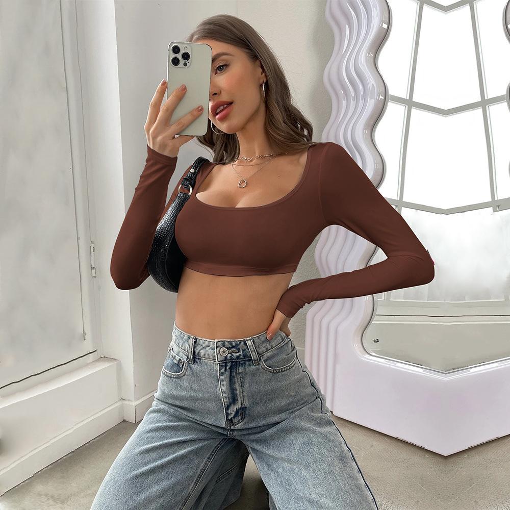 Autumn and winter new European and American women's clothing sports and leisure truncated knitted high elastic long-sleeved t-shirt top