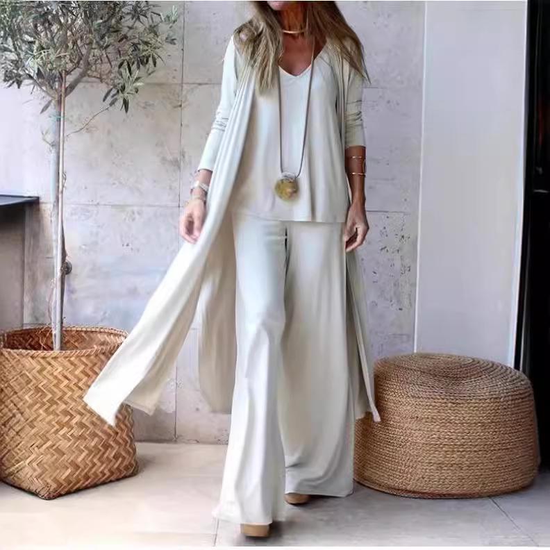 Dámsky každodenný dlhý kardigán a tielko, voľné nohavice, sada troch kusov