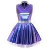 Vestito Tutù da Donna per Disco Bar Scollo a V con Revers Senza Maniche Aderente in Vita Orlo A-line Strati di Tulle Metallizzato Lucido Mini per Night Club Palco Danza