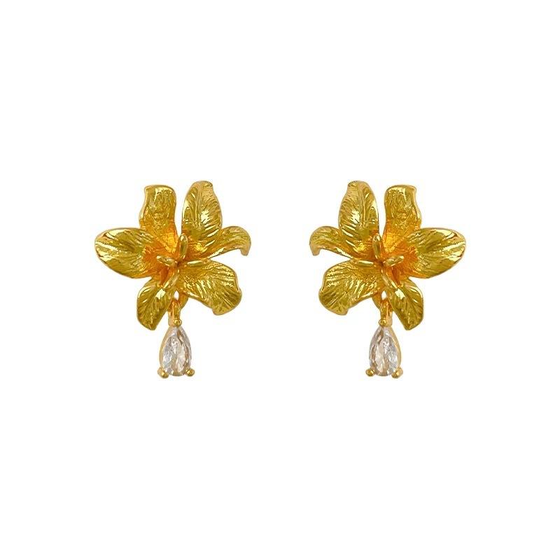 

PONYKISS Sterling Silver 18K Gold Zircon Water Drop Flower Stud Earrings for Women Plant Fine Vintage Accessories