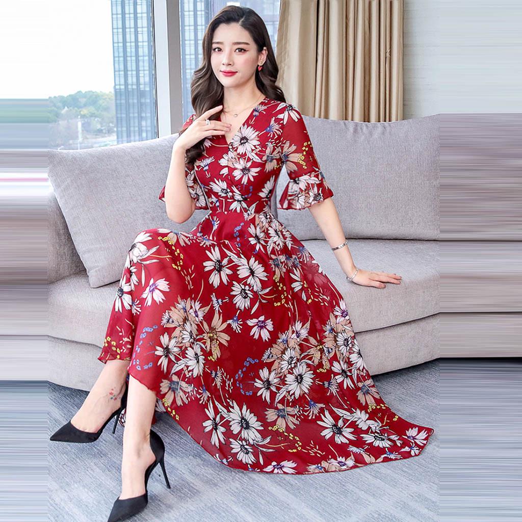 Fashion Casual Women V-Neck Short Sleeve Long Floral Print Slim A-Line Dress