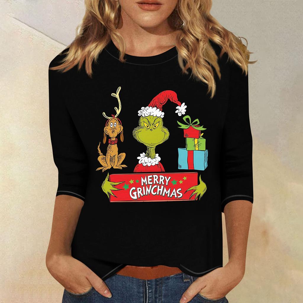 3/4 Sleeve Tops For Women T-Shirt Casual Christmas Print Tops T Shirt Round Neck Pullover Blouse