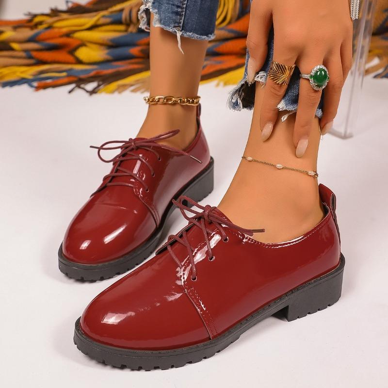 Lace-up Low Heel Loafers Spring and Autumn New Patent Leather Waterproof Soft Slip Non-slip Block Heel Single