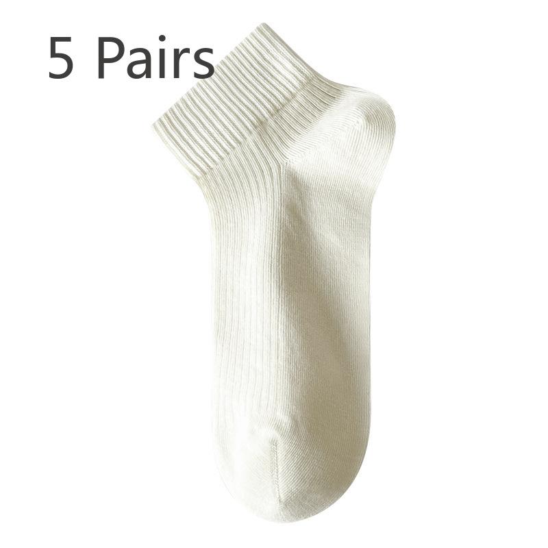 5 Pairs of Women's Spring and Summer Thin Breathable White Boneless Antibacterial and Deodorant Short Tube Cotton Socks