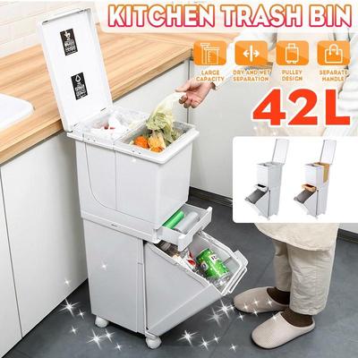 2 Layer 42 Liters Wet Dry Sorted Kitchen Trash Can Moveble Recycle Waste Bin Storage Trash Bin Dustbin Garbage Rubbish Bin PP