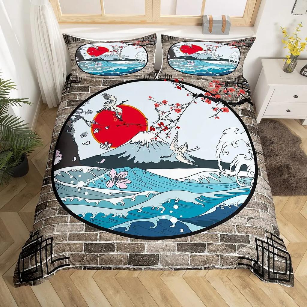 Japanese Ukiyo-E King Queen Duvet Cover Golden Fish Hokusai Bedding Set Crane Wave Quilt Cover Red Sun Polyester Comforter Cover