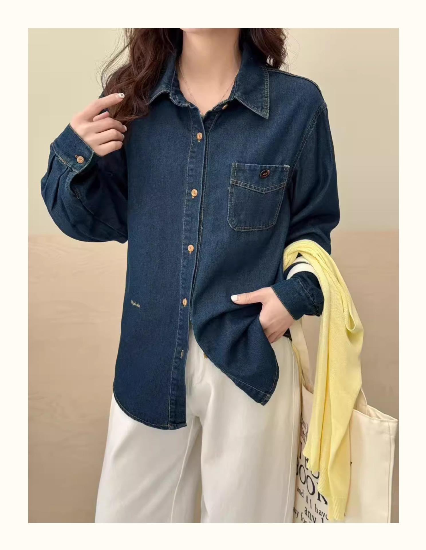 

Женская рубашка ретро из денима с лацканами - Весна 2025, повседневная, свободного кроя, с длинным рукавом, однобортная Large