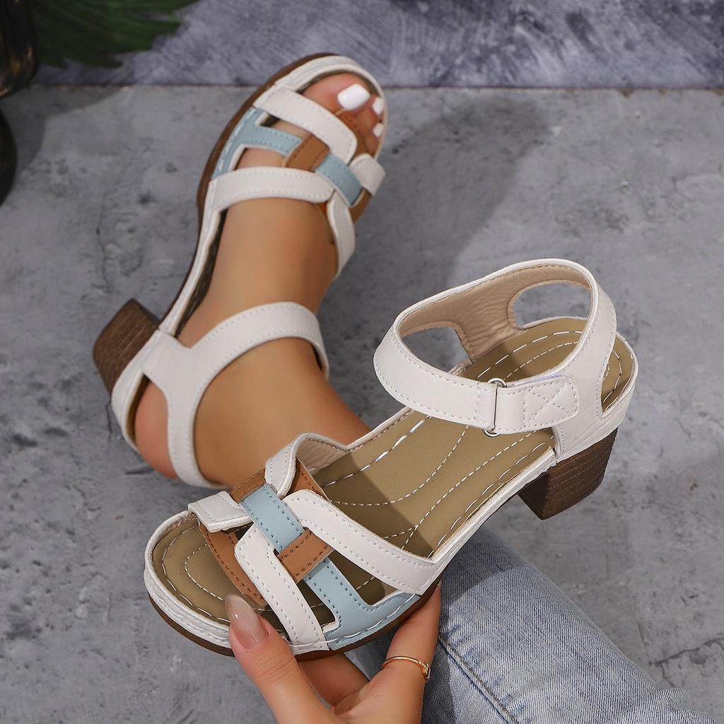 2025 foreign trade new summer women's wedge sandals large size one-word color blocking thick heel fish mouth wedge sandals