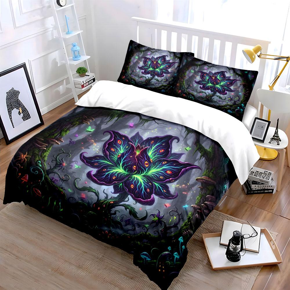 Mysterious Glowing Flower in Enchanted Forest Print Bedding Set 1 Duvet Cover 2 Pillowcases for Adult and Children Luxury Gift