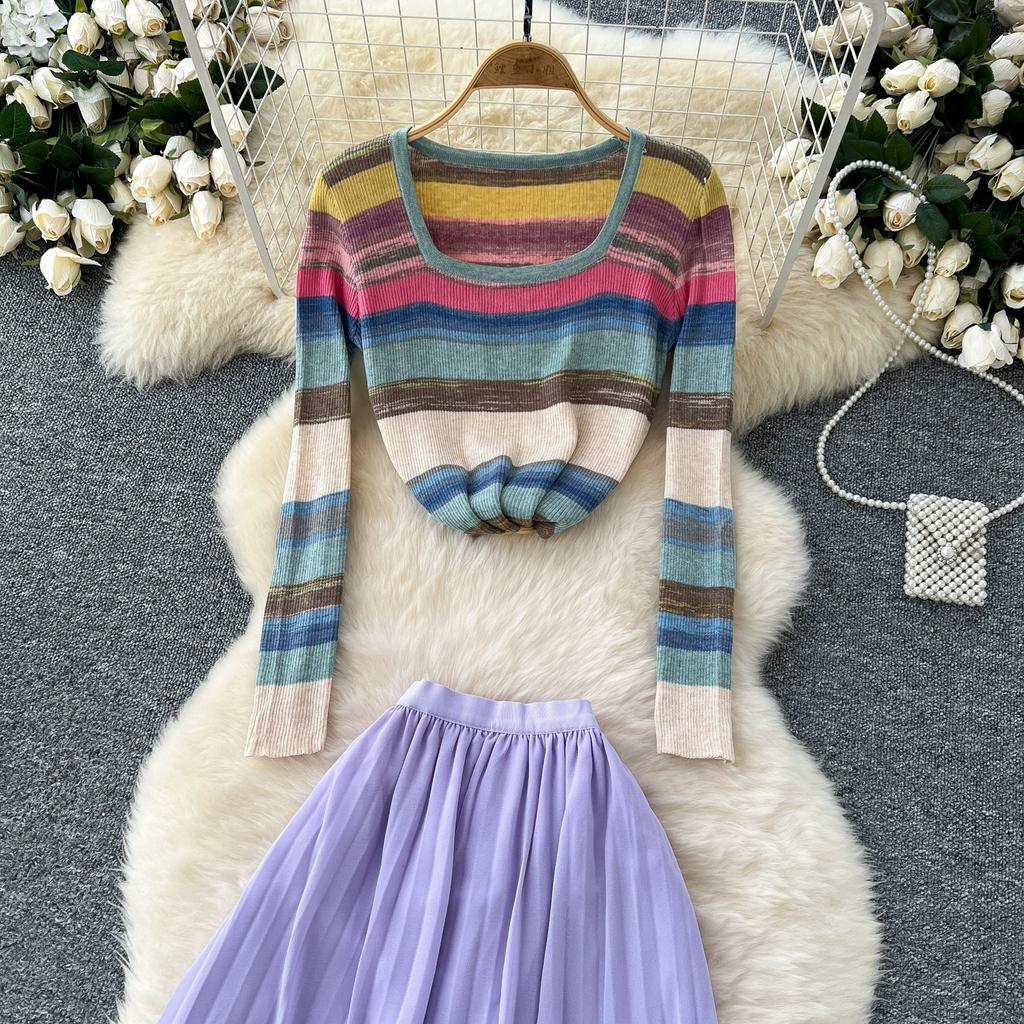 Spring Autumn Women Vintage Rainbow Striped Knitted Sweater Pullover Tops and Long Midi Pleated Skirt Two Piece Set