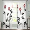 Watercolor Sheer Curtains For Living Room Red Rose Flower Branches Bedroom Tulle Curtains Kitchen Window Treatments Panel Drapes