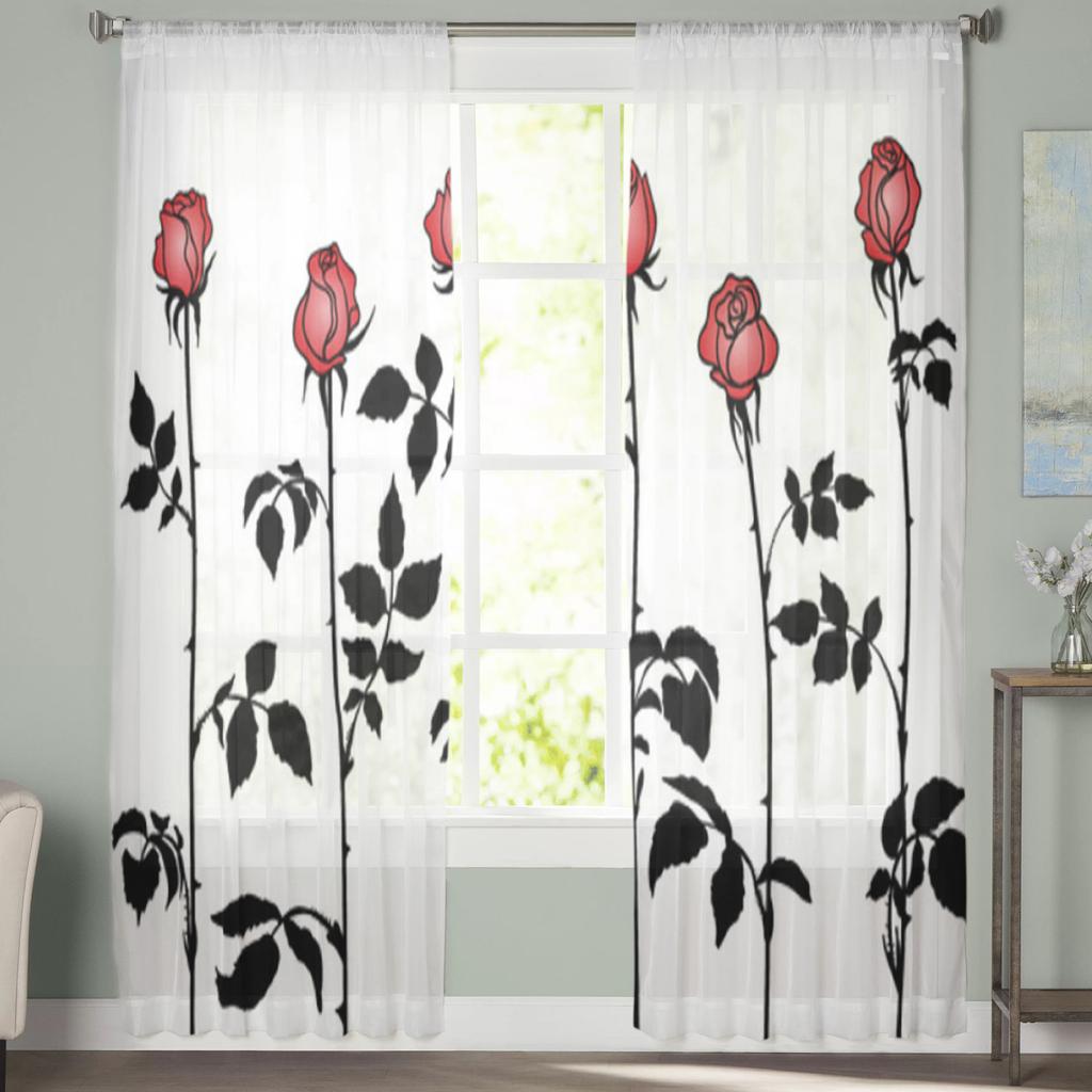 Watercolor Sheer Curtains For Living Room Red Rose Flower Branches Bedroom Tulle Curtains Kitchen Window Treatments Panel Drapes