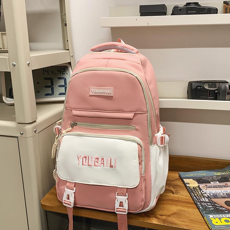 Women Contrast Color Stitching Backpack High School Students Schoolbag Men Large Capacity Backpack