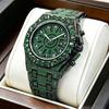 Men Full Iced Out Green Crystal Watch Arabic Numeral Dial Quartz Wristwatch Alloy Band Calendar Hip Hop Bling Jewelry Watches