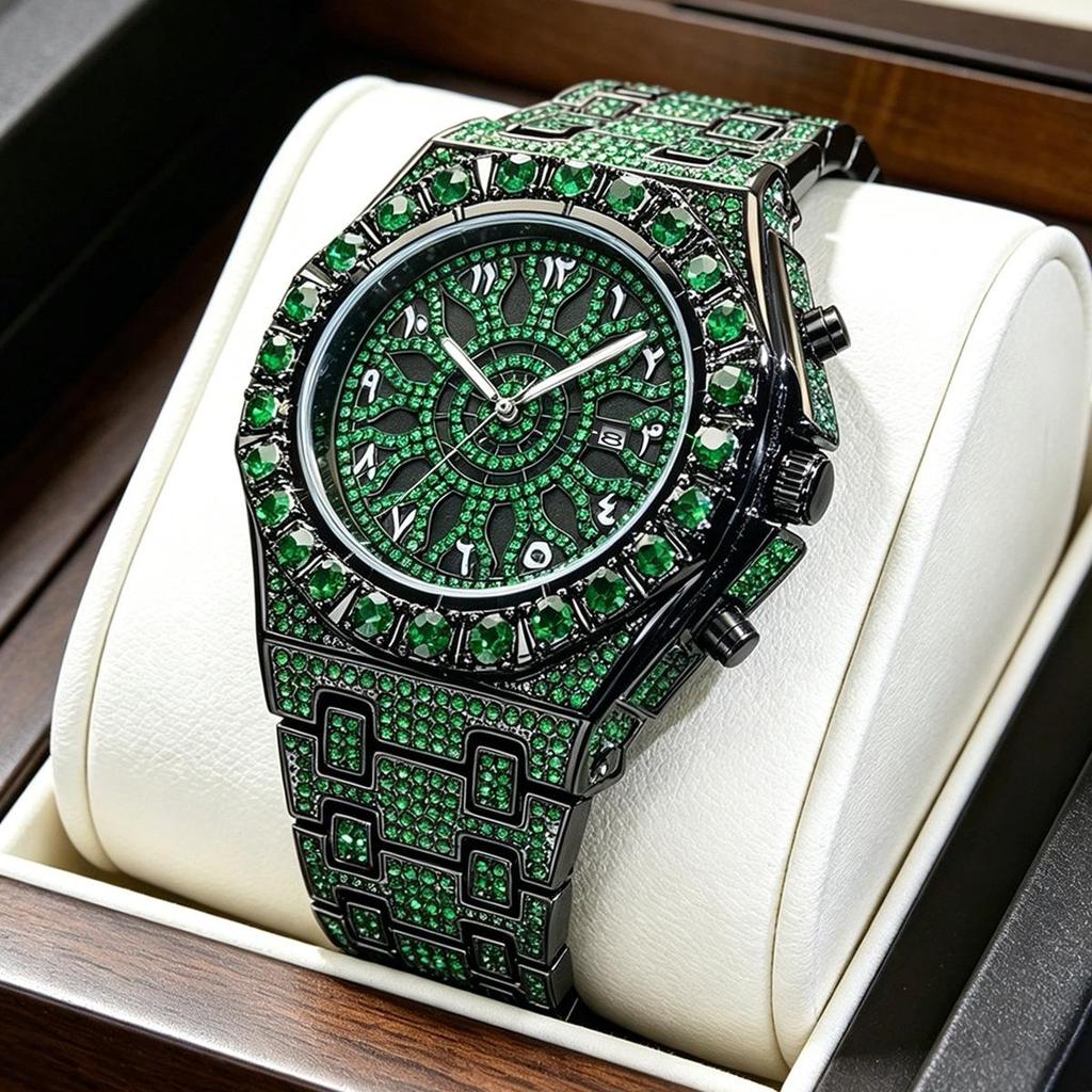 Men Full Iced Out Green Crystal Watch Arabic Numeral Dial Quartz Wristwatch Alloy Band Calendar Hip Hop Bling Jewelry Watches