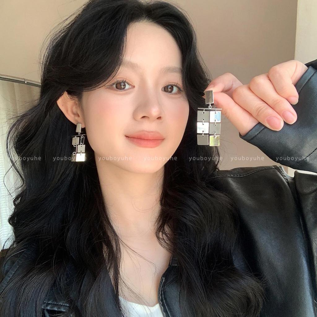 Silver Square Metal Tassel Earrings: Heavy-Duty, High-End Studs for Women, New 2025 Edition