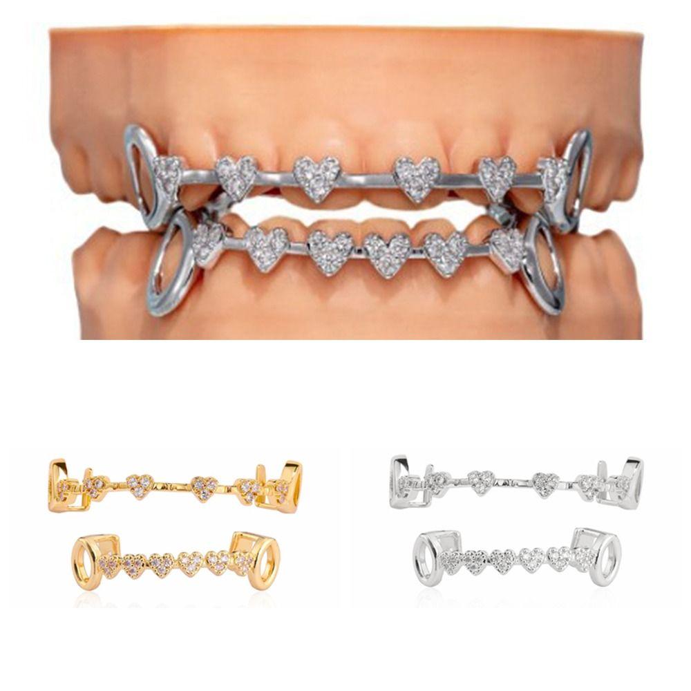 Double Glossy Charm Teeth Grillz Hip Hop Tooth Caps Gift Love Drill Braces  Dental Crown