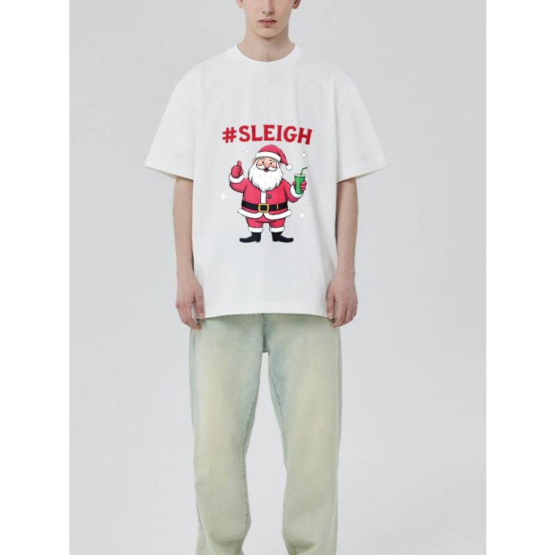 Christmas T-Shirt Black Santa Claus with Sleigh Hashtag and Drink Print for Holiday Party