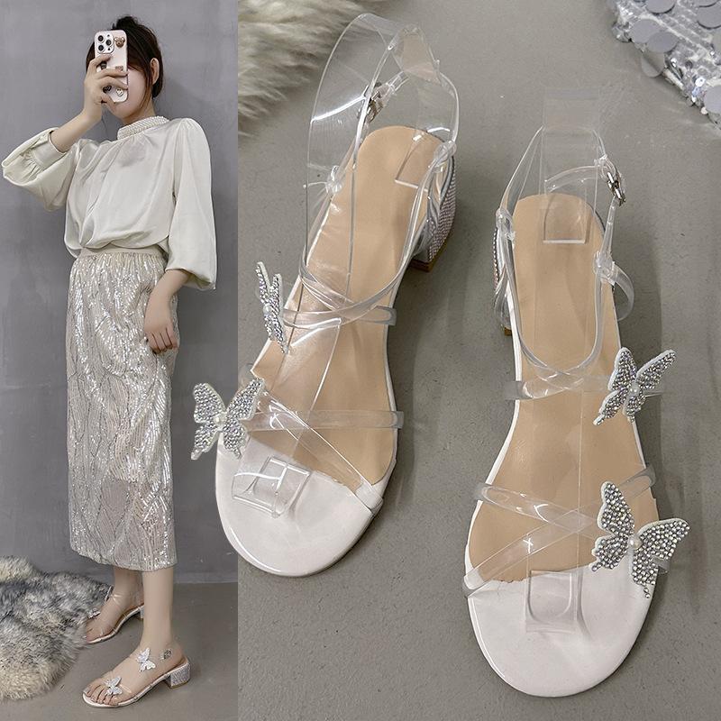 

Туфли на высоком каблуке женские, лето 2025, новые, фея, ветер, стразы, бант, круглая головка, открытый носок, толстый каблук, универсальные сандалии женские 40
