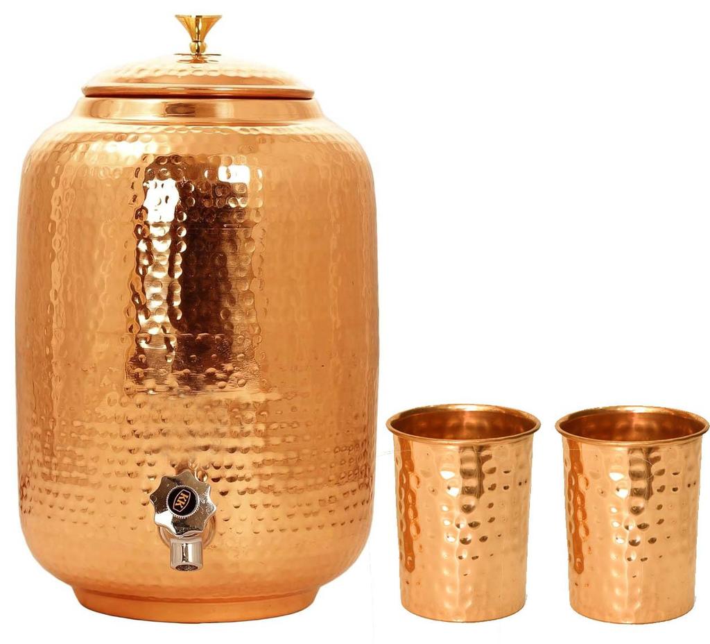 Hammered Copper Water Dispenser 8L with 2 Tumblers