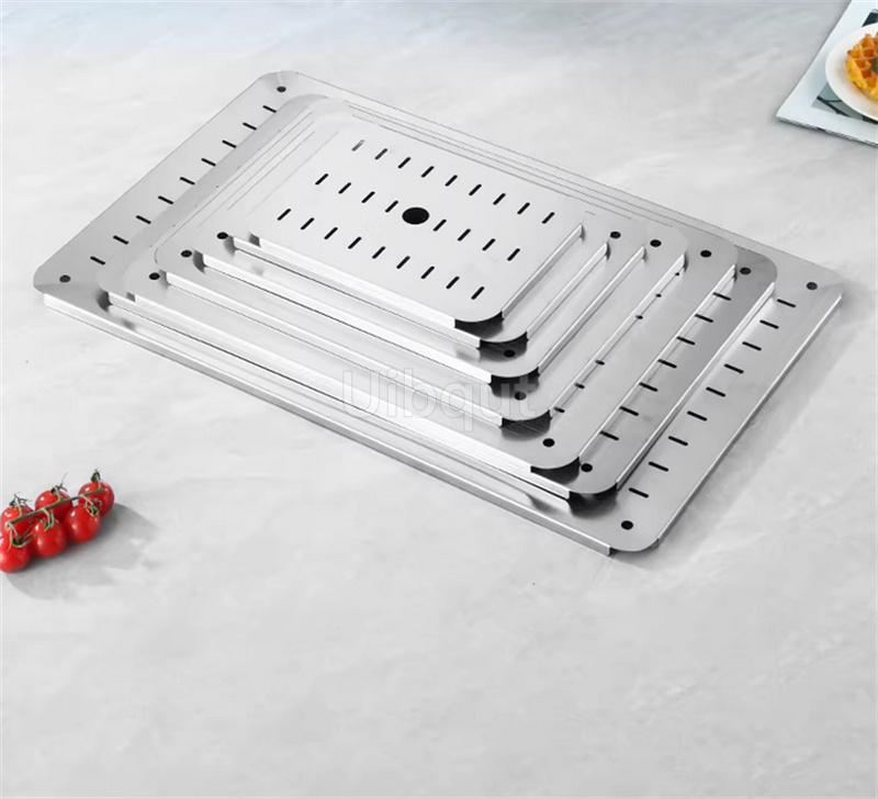 Deep Rectangle Plate Basin with Hole Rack Pallet Stainless Steel Bbq Food Plate with Grid Mesh Dessert Dinner Restaurant Trays