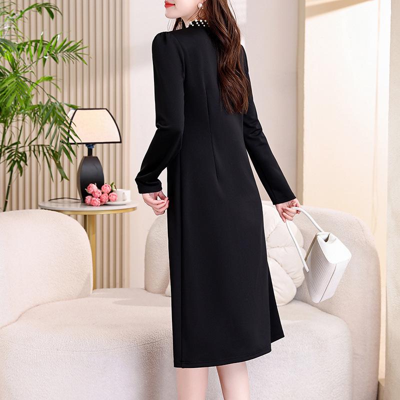 Black Slim-Fit Mid-Length Dress with Pearl Accents