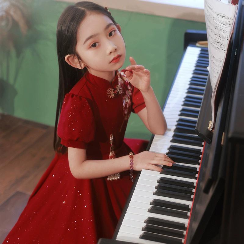 Red Chinese Style Cheongsam Dress for Girls - Floral Wedding & Piano Performance Outfit