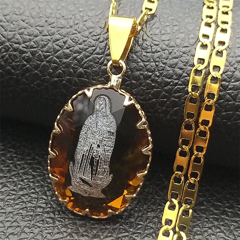 Virgin Mary Our Lady Of Guadalupe Pendant Necklace Women Men Clear Transparent Glass Religion Chain Jewelry virgen de guadalupe