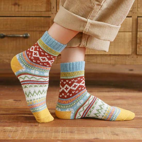 5 Paar Retro Ethno Stil Socken Damen Thermisch Bunt Gestrickt Verdickt Crew Socken Vintage Winter Warm Stiefelsocken für Strumpffüller Geschenke
