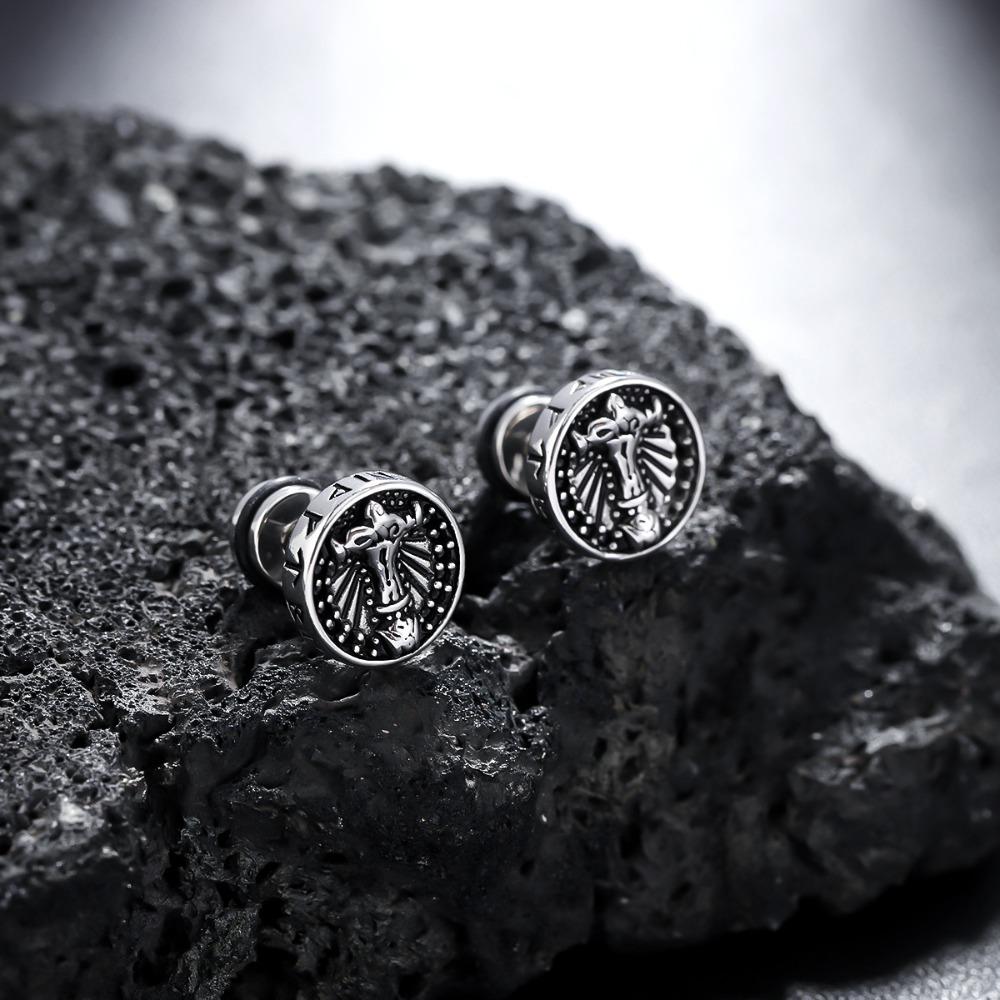 Punk Personality Stainless Steel Engraved Skull Nordic Compass Rune Pattern Stud Earrings for Men Women Does Not Fade Jewelry