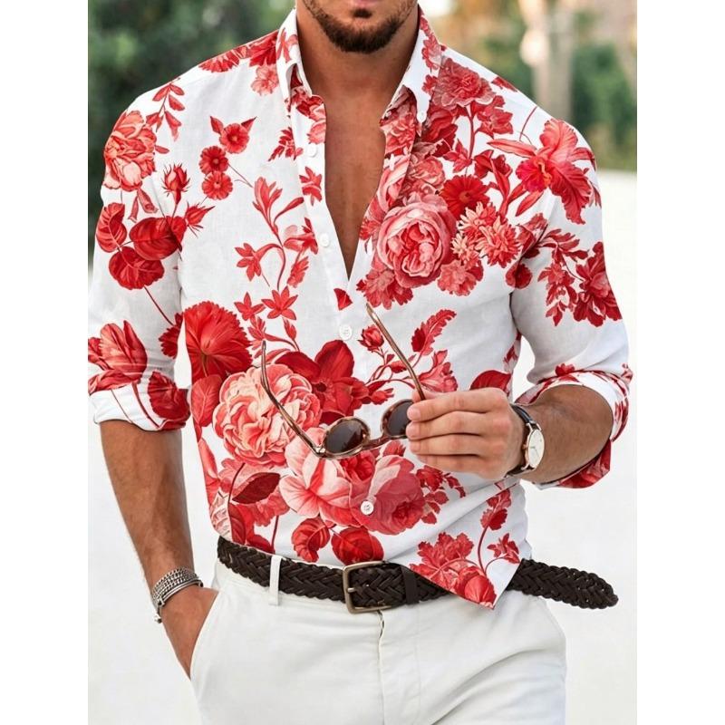 Men's floral shirt long sleeved sports fashion outdoor casual daily autumn and winter flat printed button down collar shirt